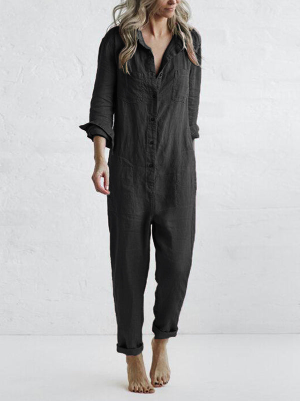 Women's long sleeve button-up jumpsuit, relaxed fit, designed for effortless comfort & versatile spring styling.