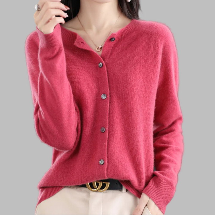 Women's Effortless O-Neck Cardigan, cozy knit for fall & winter. Stylish long sleeve layering top.