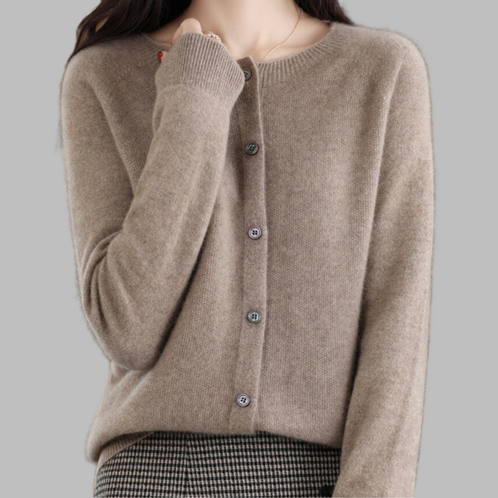 Effortless women's O-Neck cardigan, cozy knit long sleeve top. Relaxed fit, perfect for casual chic spring looks.