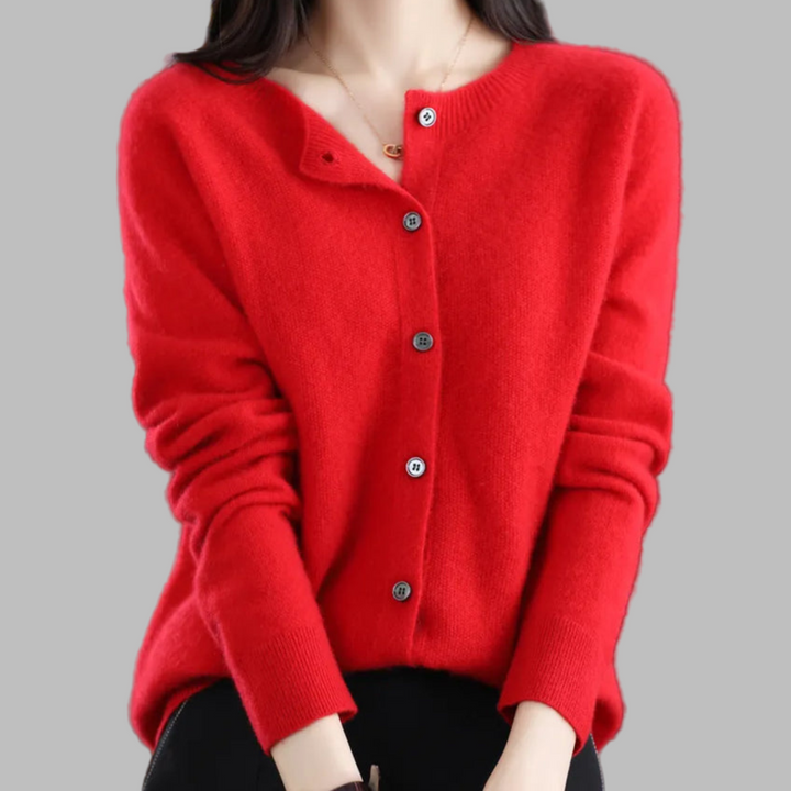 Versatile women's O-Neck cardigan, cozy knit long sleeve. Relaxed fit for elegant everyday comfort & fall fashion.