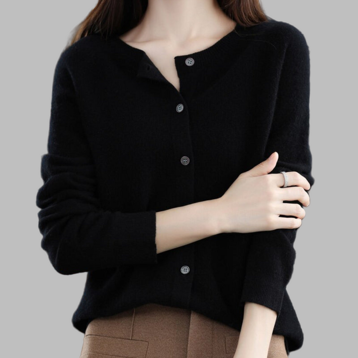 Elegant women's O-Neck cardigan, cozy knit long sleeve top. Perfect for stylish fall, winter, or spring outfits.