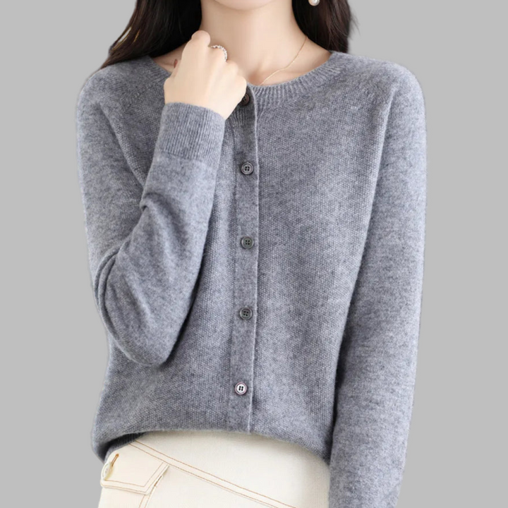 Stylish women's O-Neck cardigan, cozy knit & long sleeve for fall/winter fashion. Relaxed fit layering top.