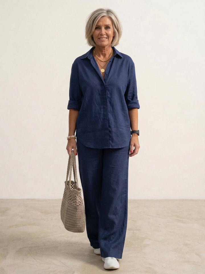 Women's effortless oversized shirt & wide leg pants co-ord set. Stylish, comfortable, relaxed fit fashion.