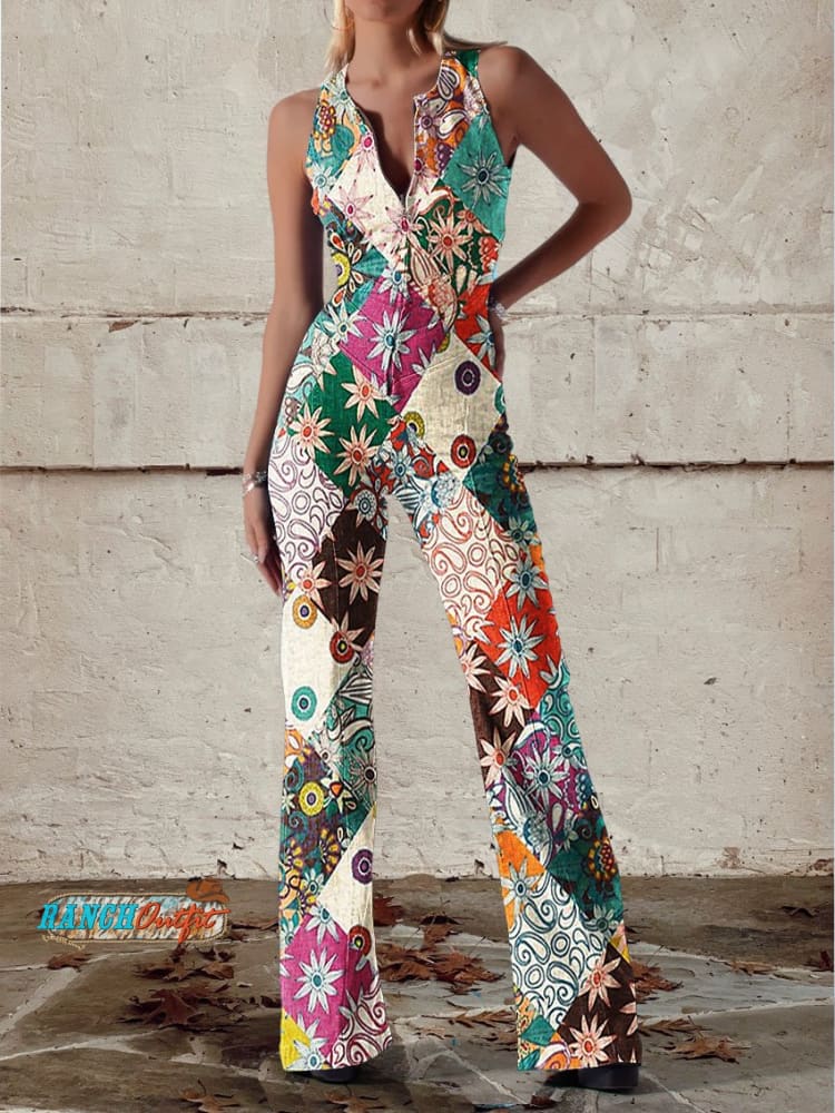 Women's effortless patterned sleeveless jumpsuit with flared legs, perfect for stylish summer and autumn casual wear.