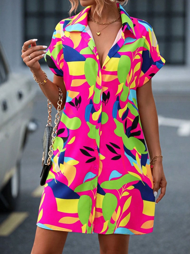 Women's effortless printed midi shirt dress, perfect for casual summer wear or vacation. Relaxed fit & stylish.