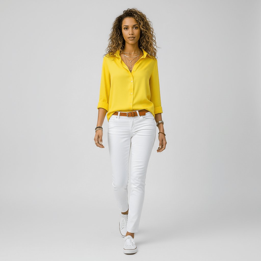 Relaxed-fit women's button-up blouse, an effortless long sleeve top for smart casual occasions.