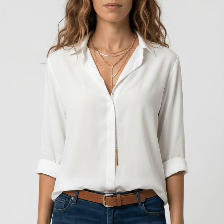 Women's everyday relaxed-fit button-up blouse, a versatile long sleeve fashion top.