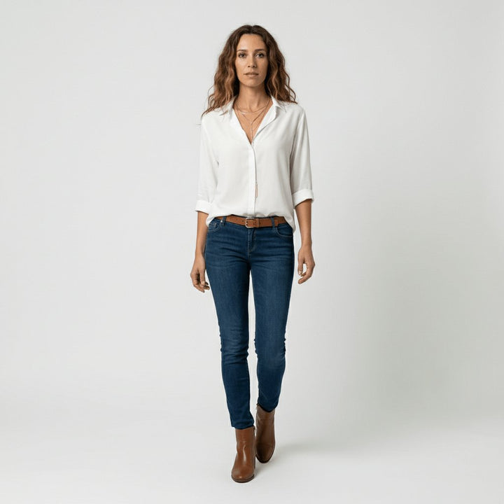 Effortless women's long sleeve button-up blouse, relaxed-fit for comfortable smart casual wear.