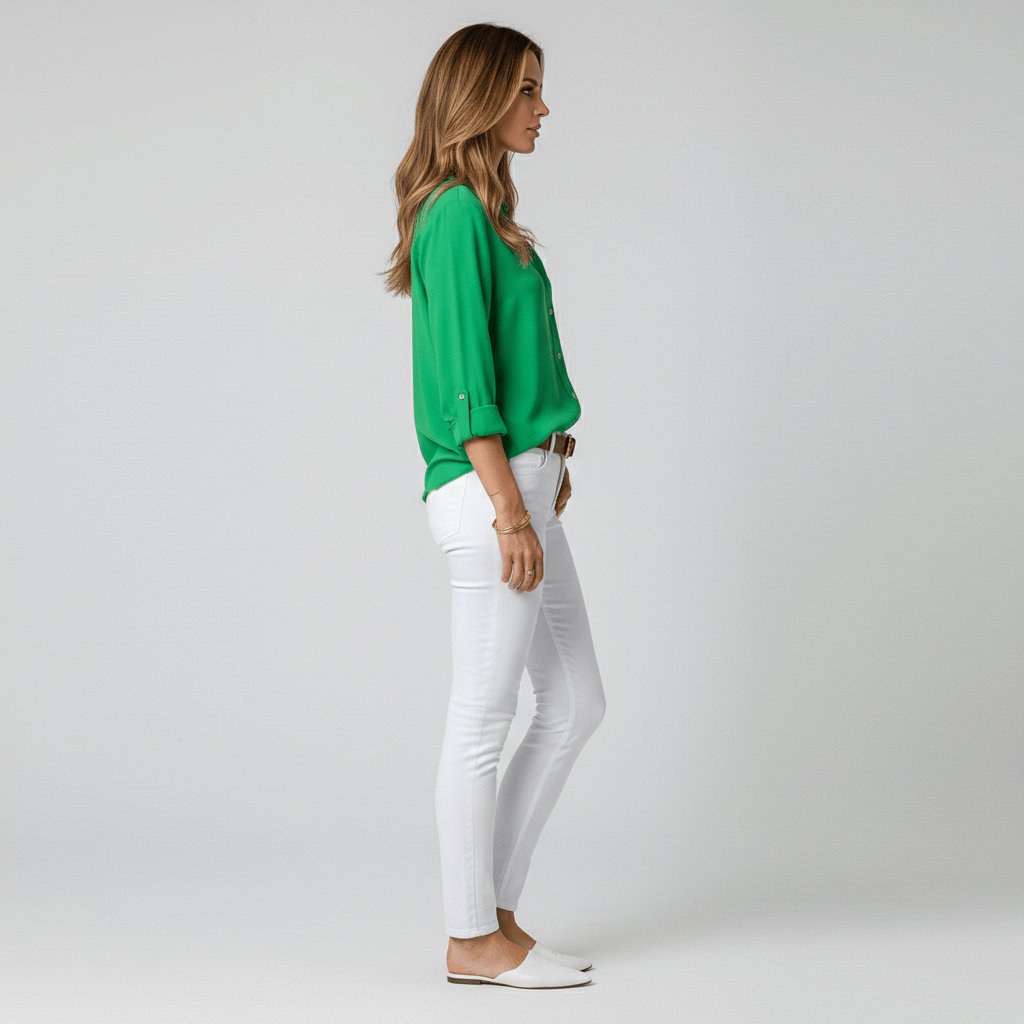 Modern women's long sleeve button-up blouse, relaxed-fit and versatile for any occasion.