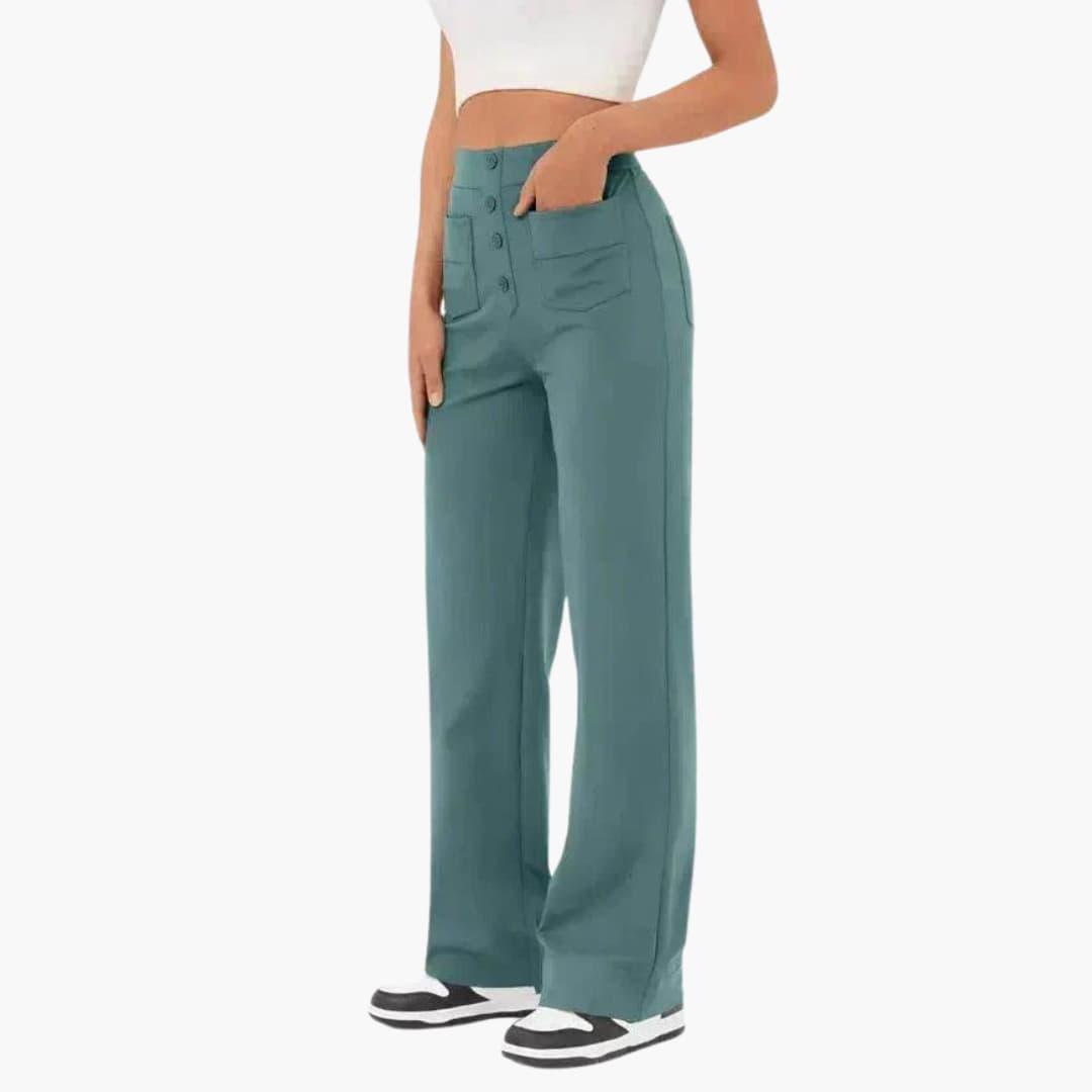 Relaxed fit women's casual trousers with elasticated waist, straight leg, and practical pockets.