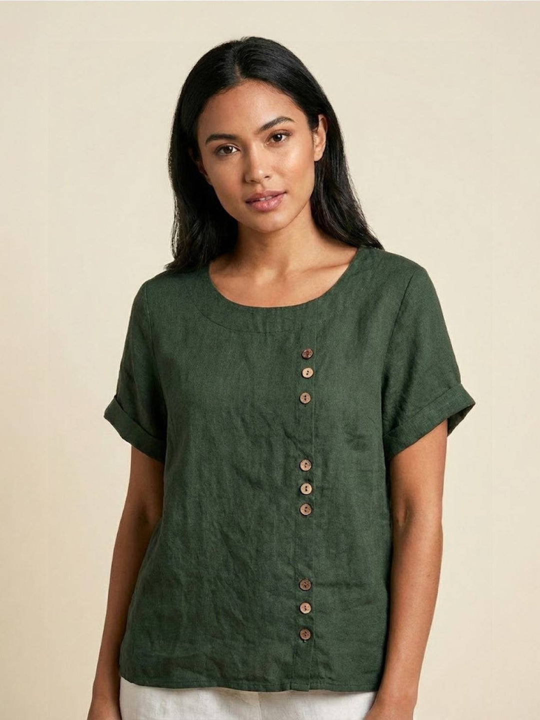 Women's effortless round neck button blouse, perfect for summer style.