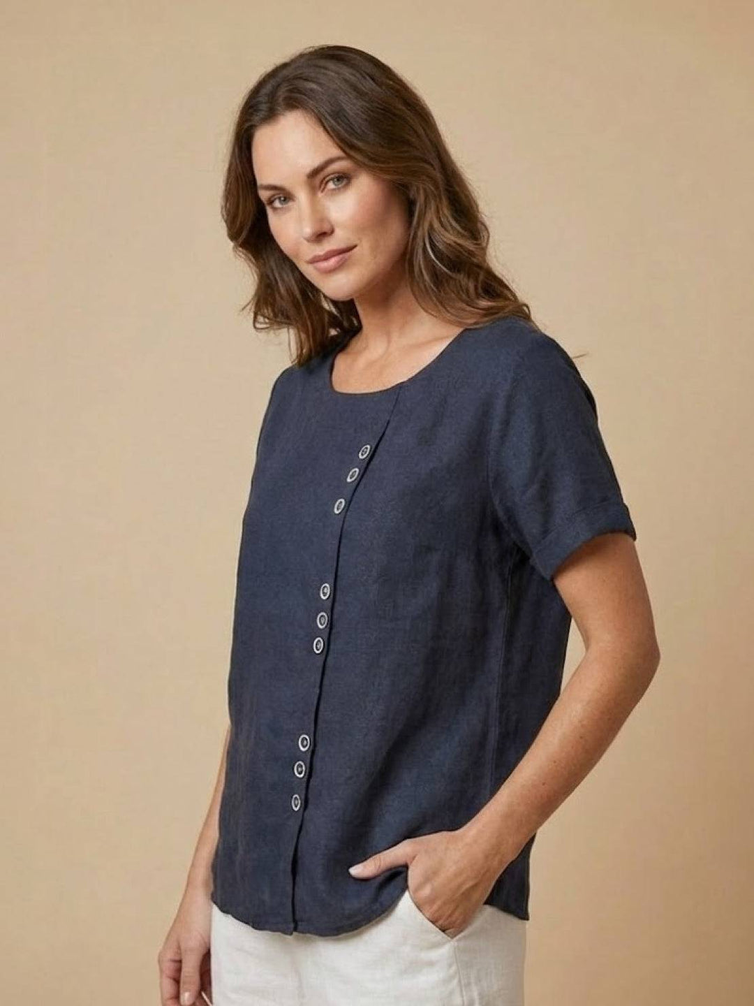 Summer style women's button blouse, short sleeve and loose for comfort.