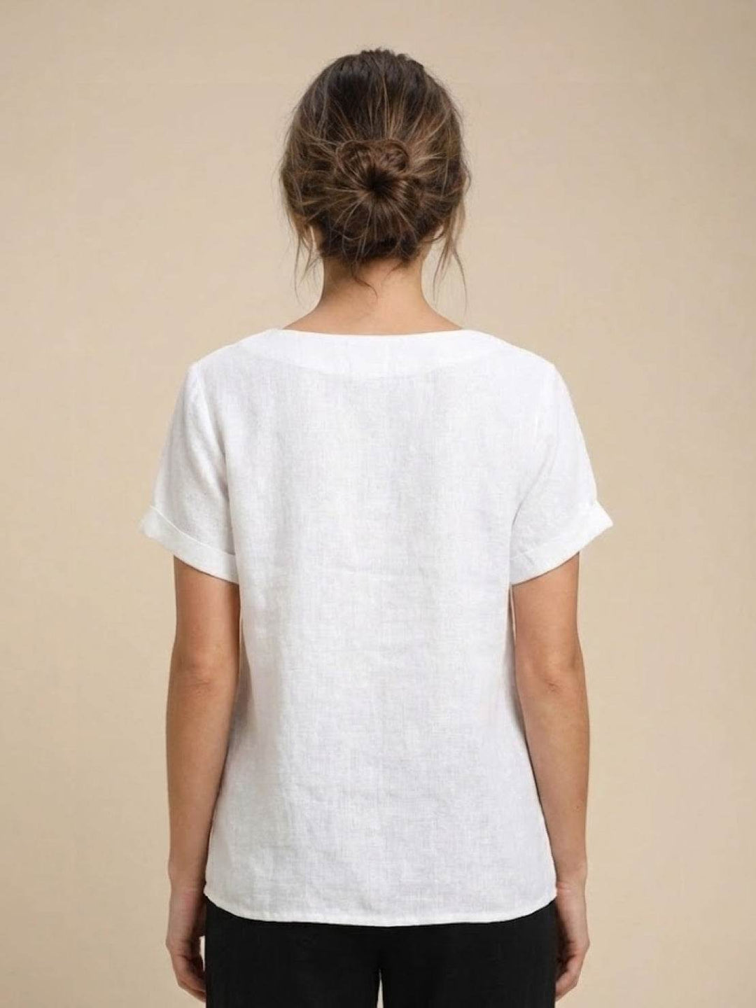 Relaxed fit women's everyday top, round neck button blouse for summer.