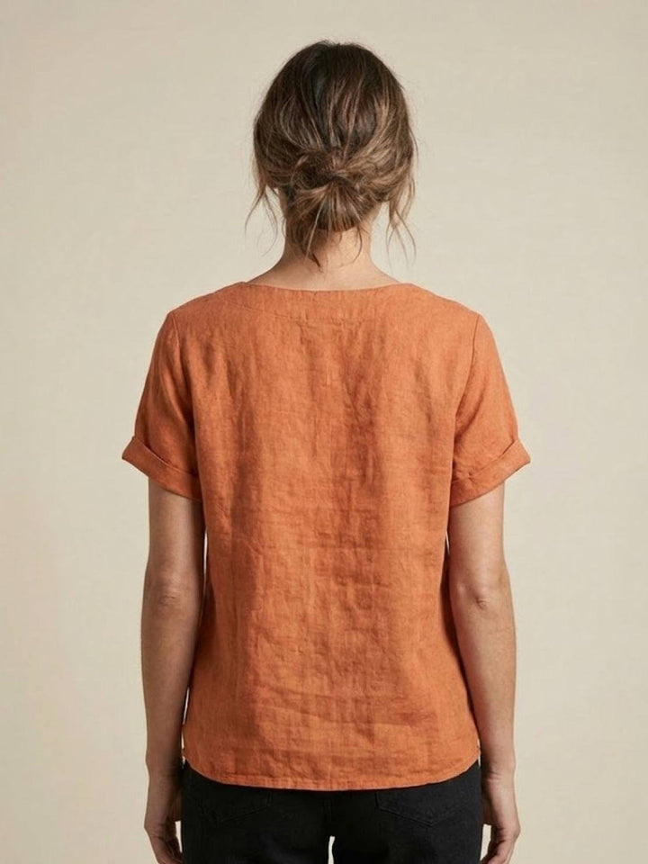 Everyday wear women's button blouse, short sleeve round neck summer top.