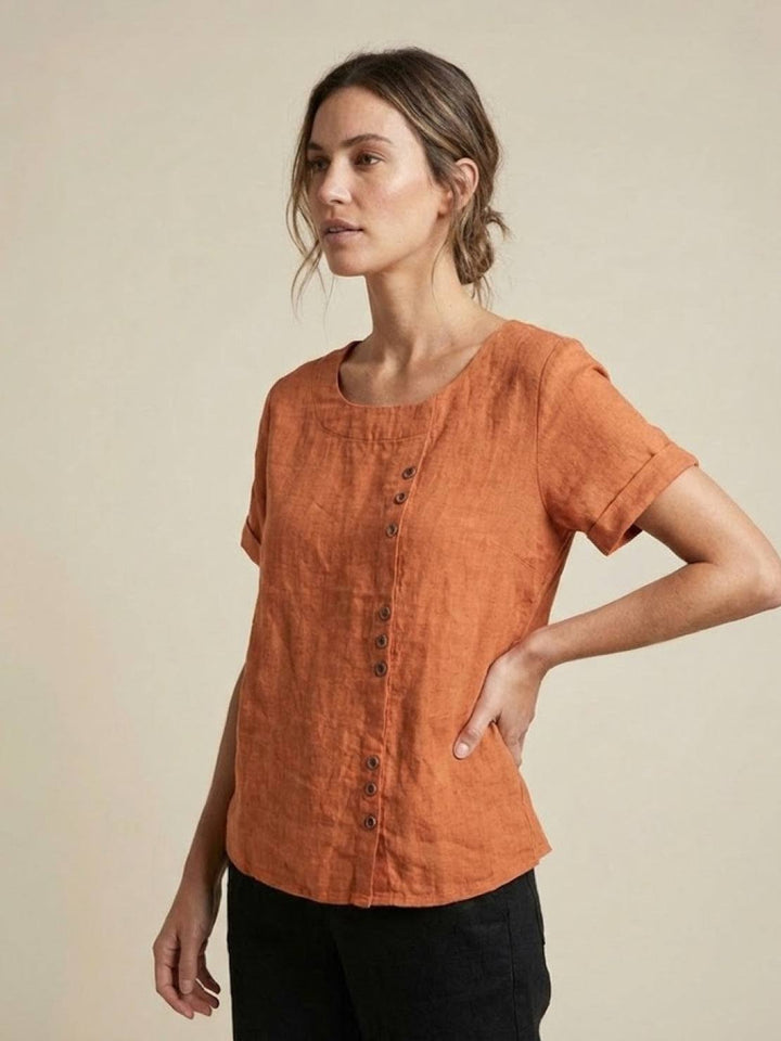 Versatile women's short sleeve top, button blouse for effortless summer style.