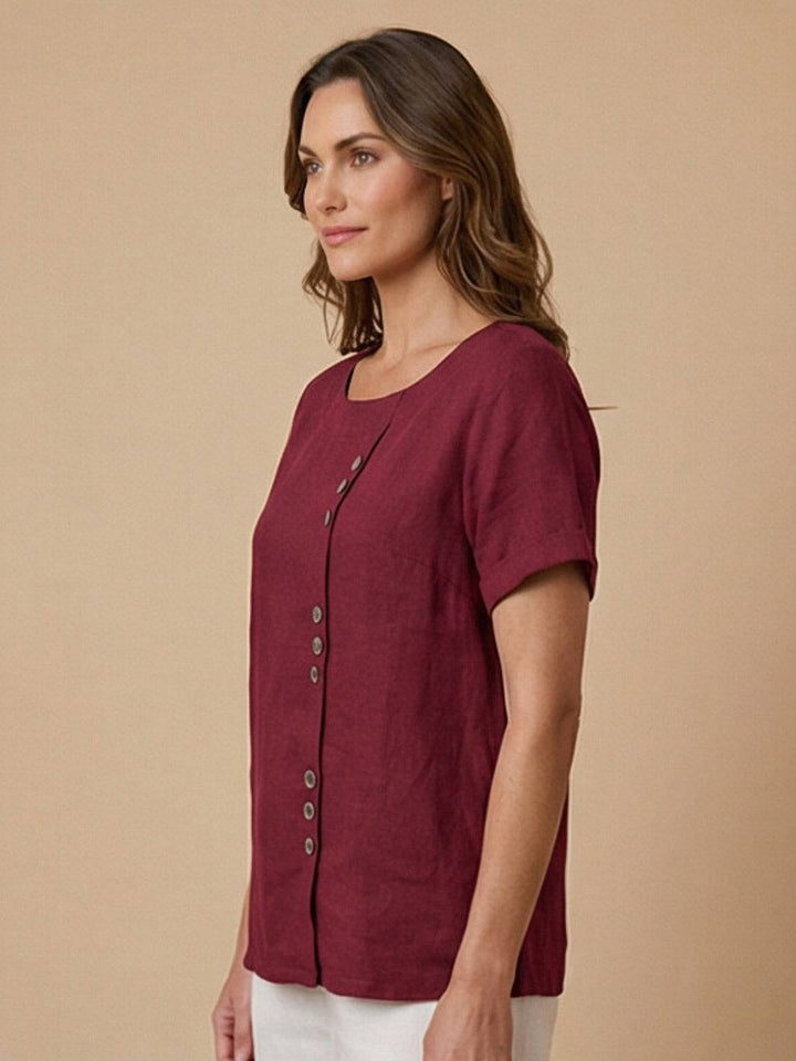Loose fit women's button blouse, round neck summer essential.
