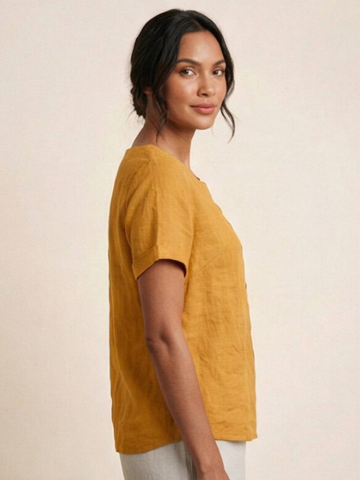 Stylish women's round neck button blouse, versatile for summer.