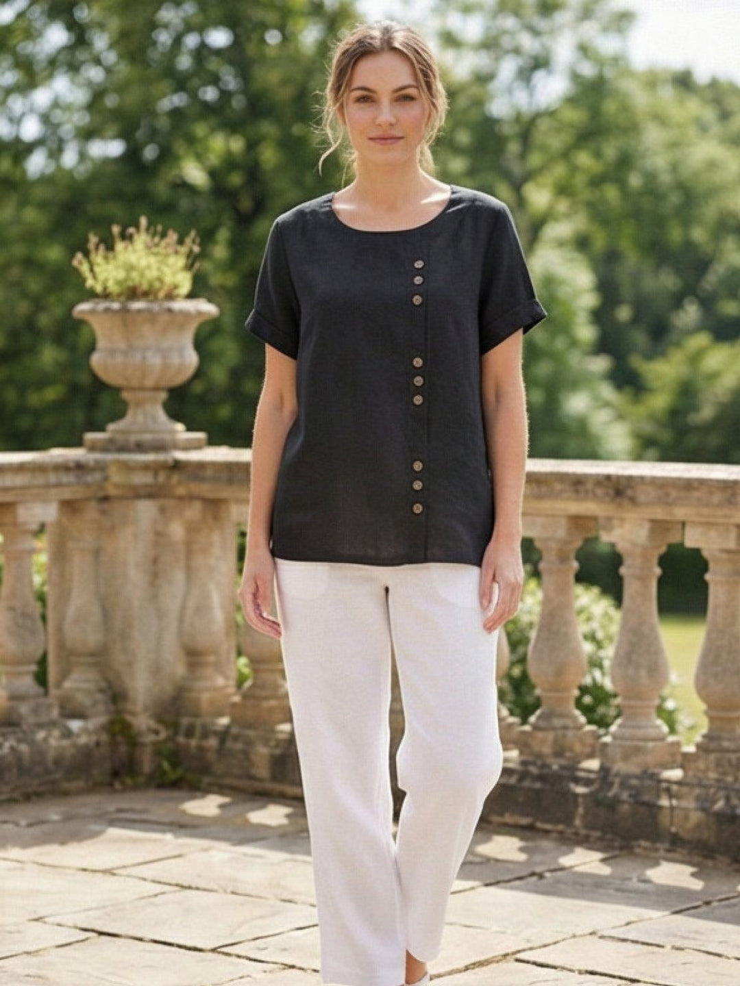 Women's everyday button blouse, round neck, relaxed fit, summer style.