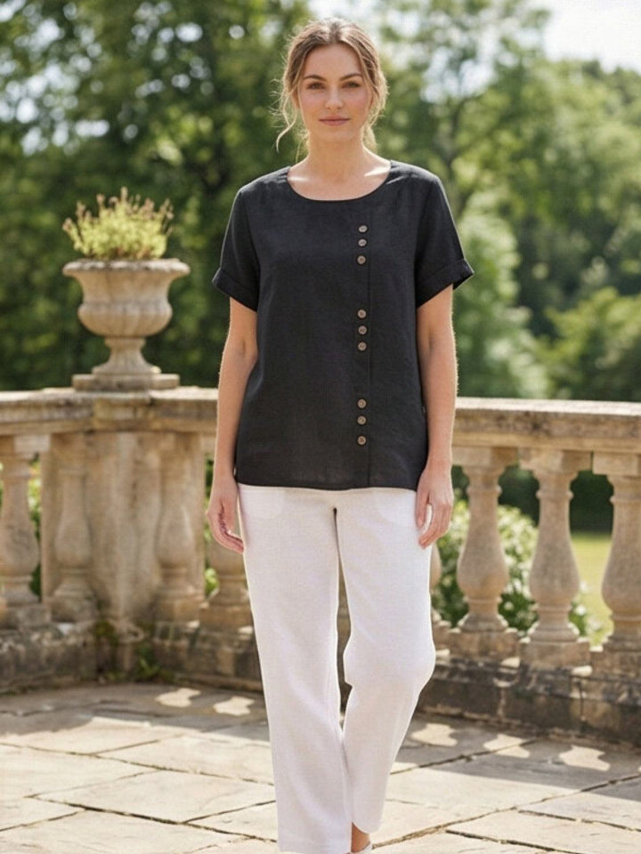 Women's everyday button blouse, round neck, relaxed fit, summer style.