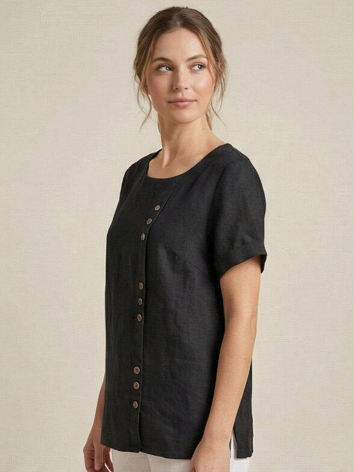 Stylish women's short sleeve button blouse, loose fit for summer.