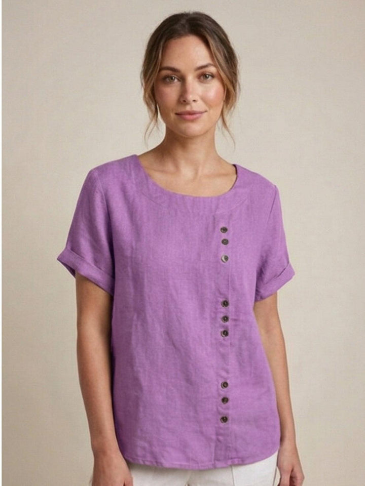 Relaxed fit women's summer top, round neck button blouse.