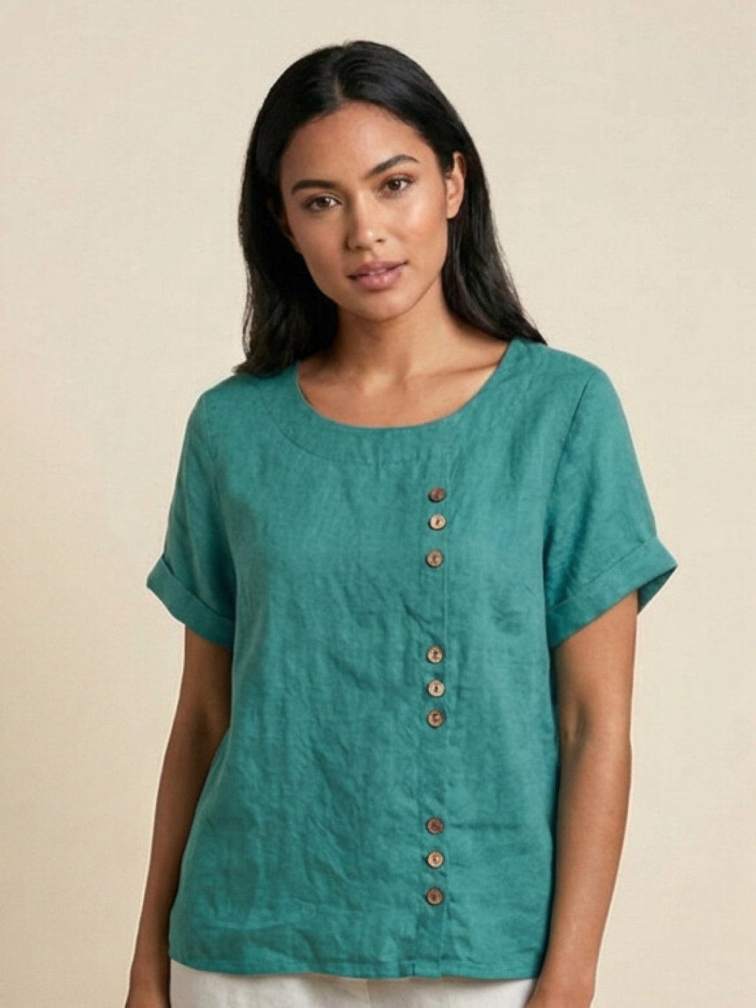 Stylish women's casual button blouse, short sleeve for everyday wear.