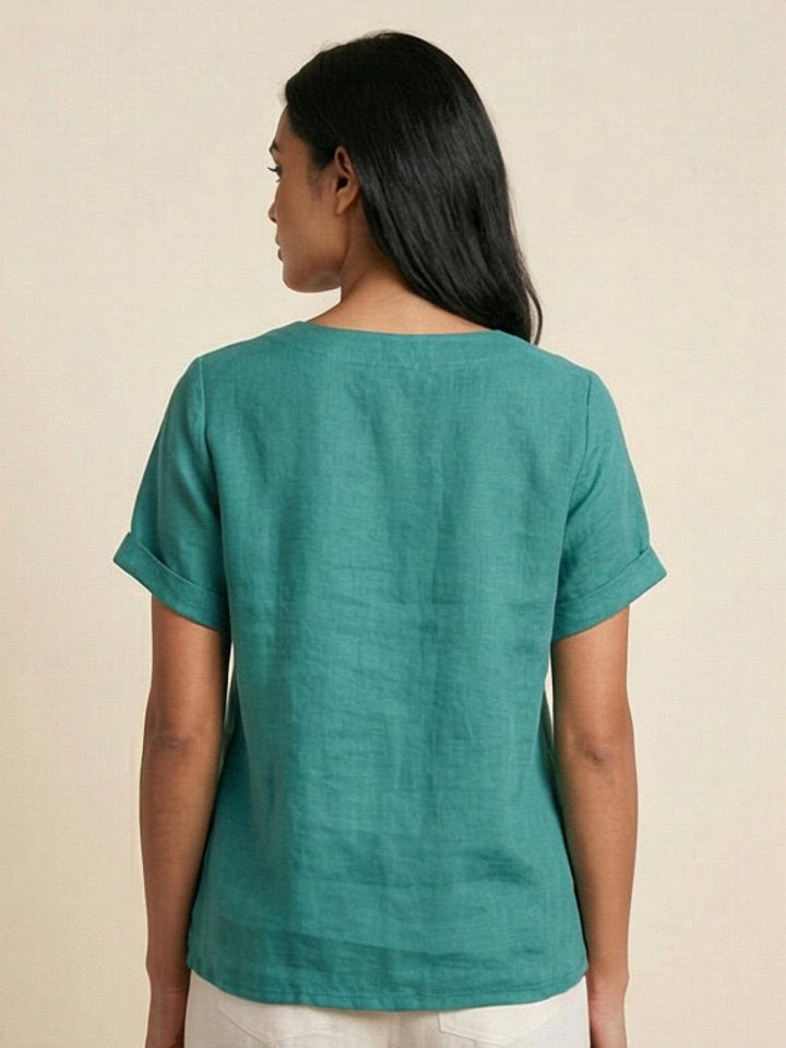 Loose fit women's button-up, short sleeve for comfortable summer wear.