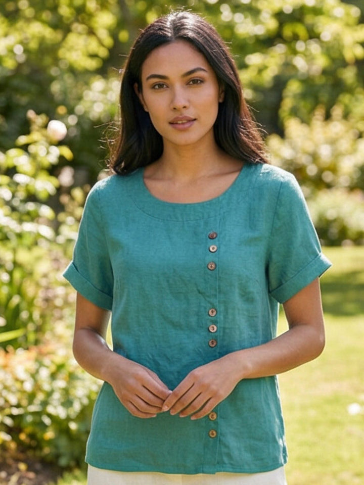 Women's everyday short sleeve blouse, round neck, stylish for summer.