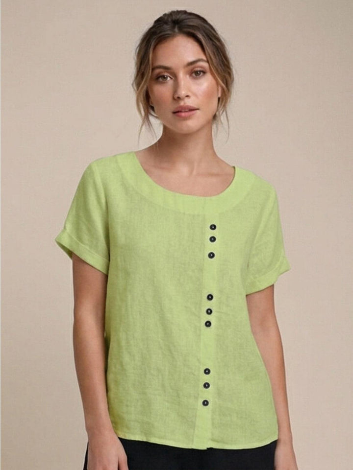 Casual women's round neck button blouse, short sleeve, perfect for summer.