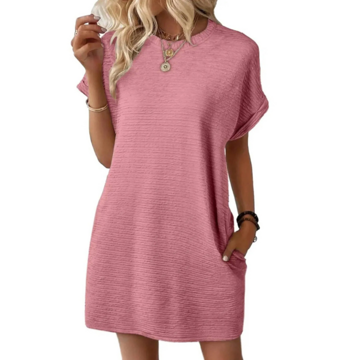 Flowy round neck casual summer dress for women. Comfortable & versatile midi length, ideal for everyday warm weather.