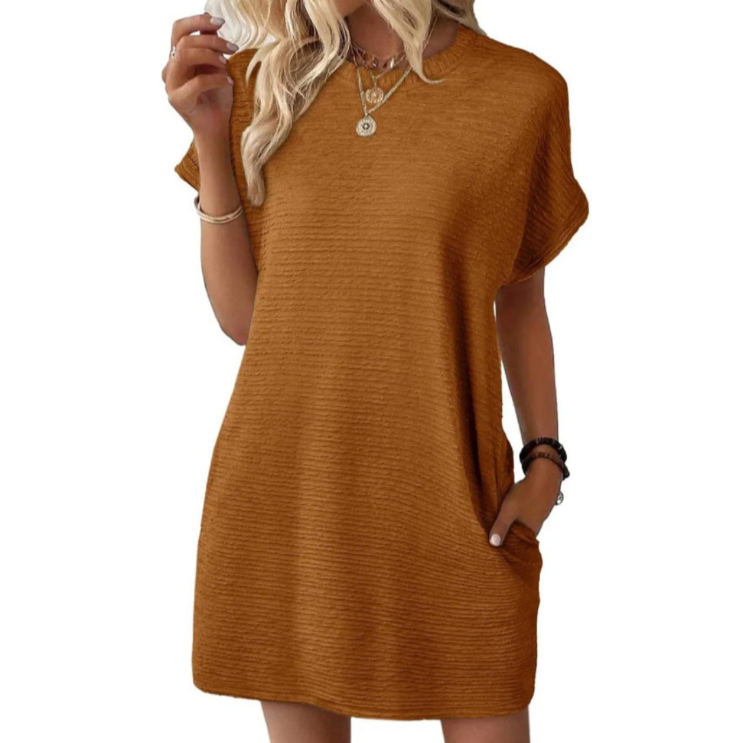 Stylish women's round neck summer midi dress. Effortless, flowy, & comfortable for casual everyday warm weather wear.