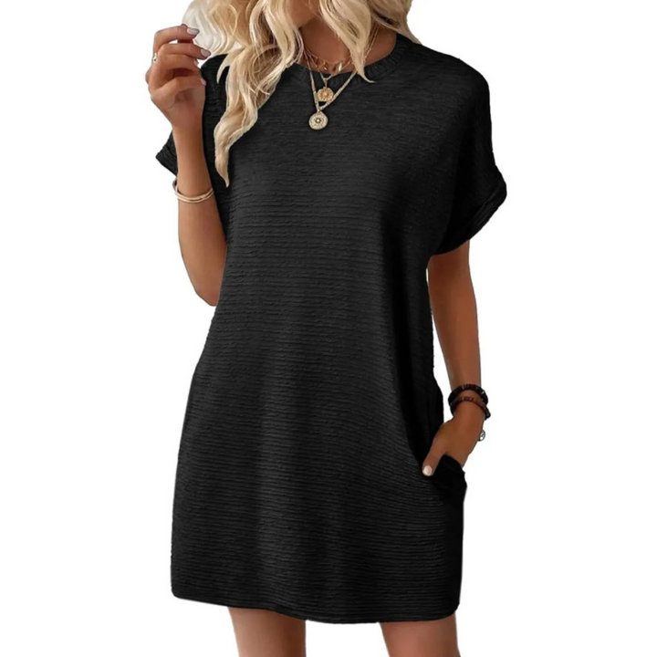 Women's comfortable round neck casual summer dress, a versatile flowy midi ideal for everyday warm weather style.