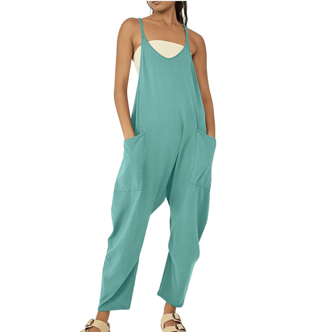 Women's comfortable sleeveless jumpsuit, a stylish one-piece daywear option with useful pockets.