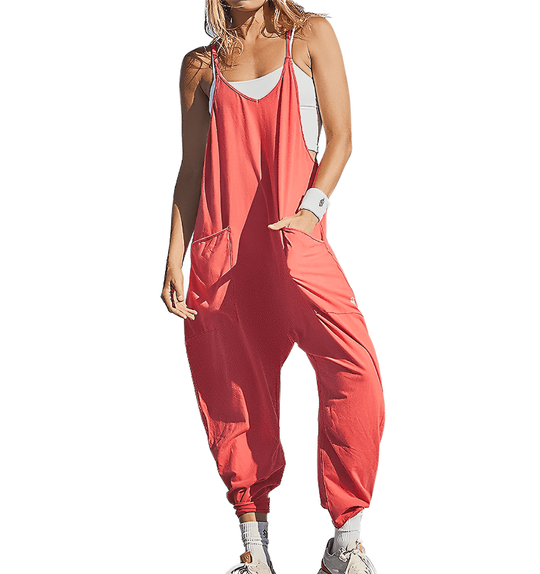 Effortless women's summer jumpsuit, a comfortable one-piece with a relaxed fit and pockets.