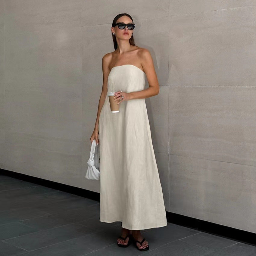 Women's Effortless Strapless Maxi Dress, flowy and chic for summer style.