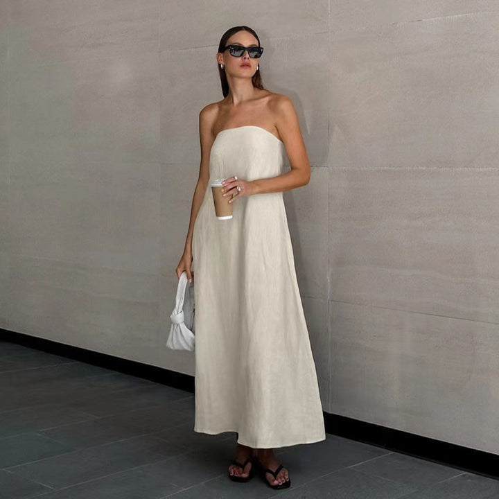 Women's Effortless Strapless Maxi Dress, flowy and chic for summer style.