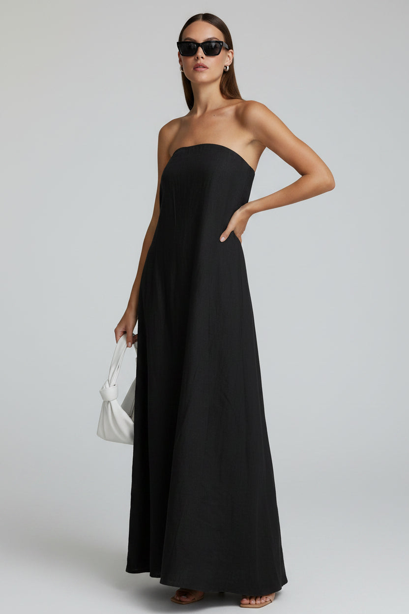 Women's strapless maxi dress, a perfect flowy summer dress for casual or vacation wear.