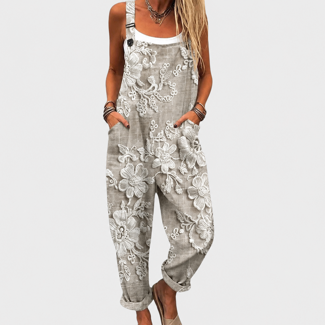Women's effortless style printed wide-leg jumpsuit. Chic, comfortable, and relaxed fit for casual wear.