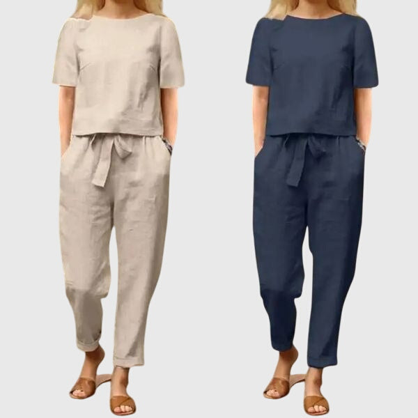 Lightweight women's summer co-ord set. Breathable two-piece casual outfit, ideal for comfortable daily wear.