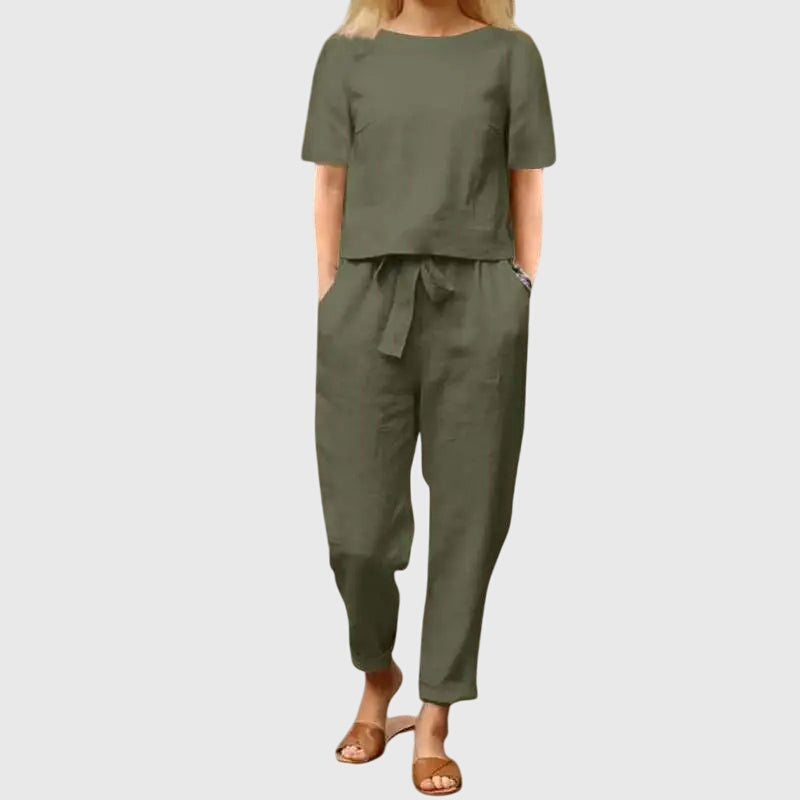 Effortless women's summer co-ord set. Complete two-piece casual outfit for quick, stylish warm-weather fashion.
