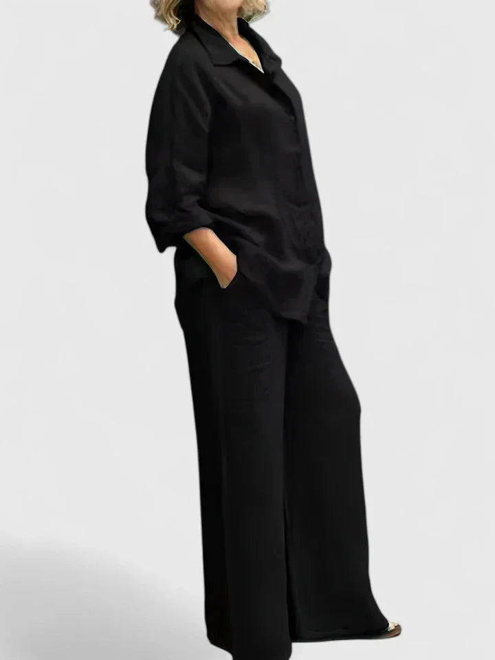 Women's fashion two-piece set: button-down shirt & wide leg pants, ideal for a relaxed fit and style.
