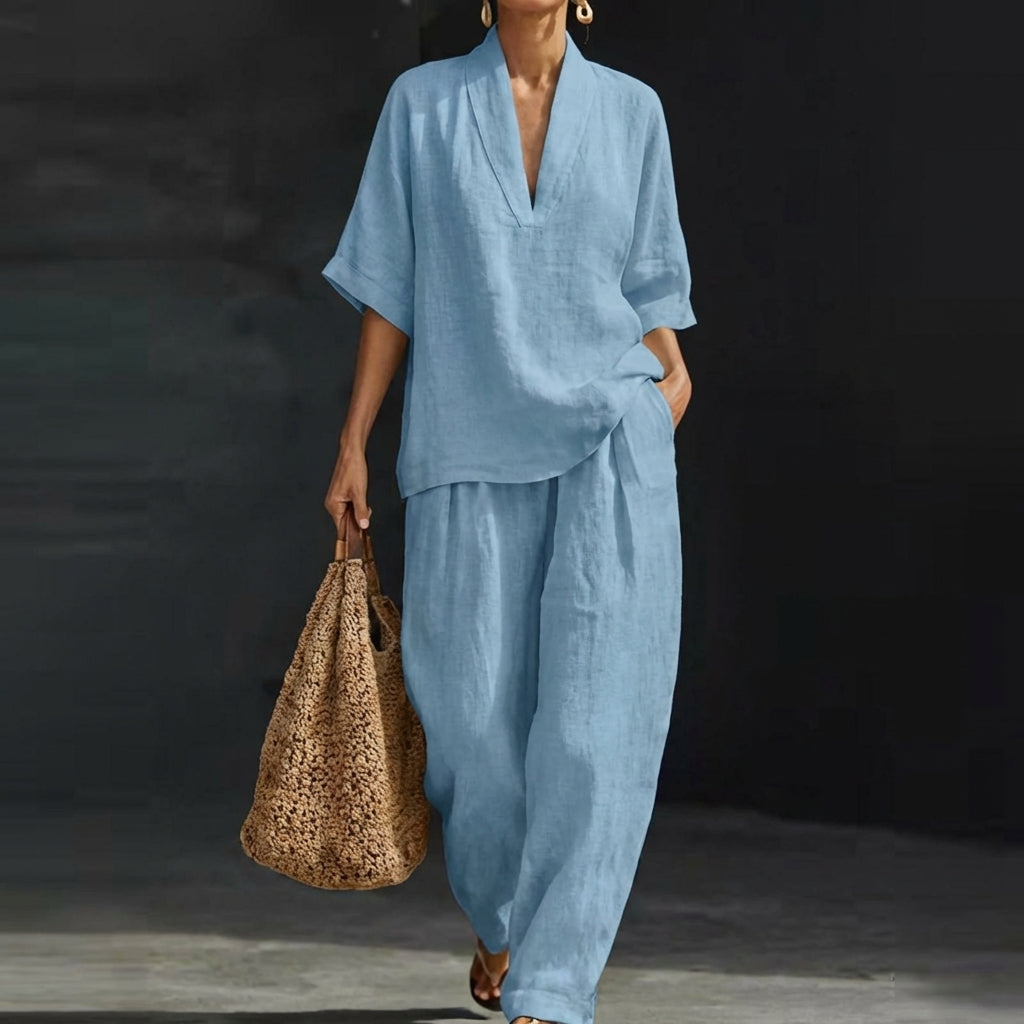 Women's effortless two-piece set with wide-leg trousers, perfect for natural everyday style and casual wear.