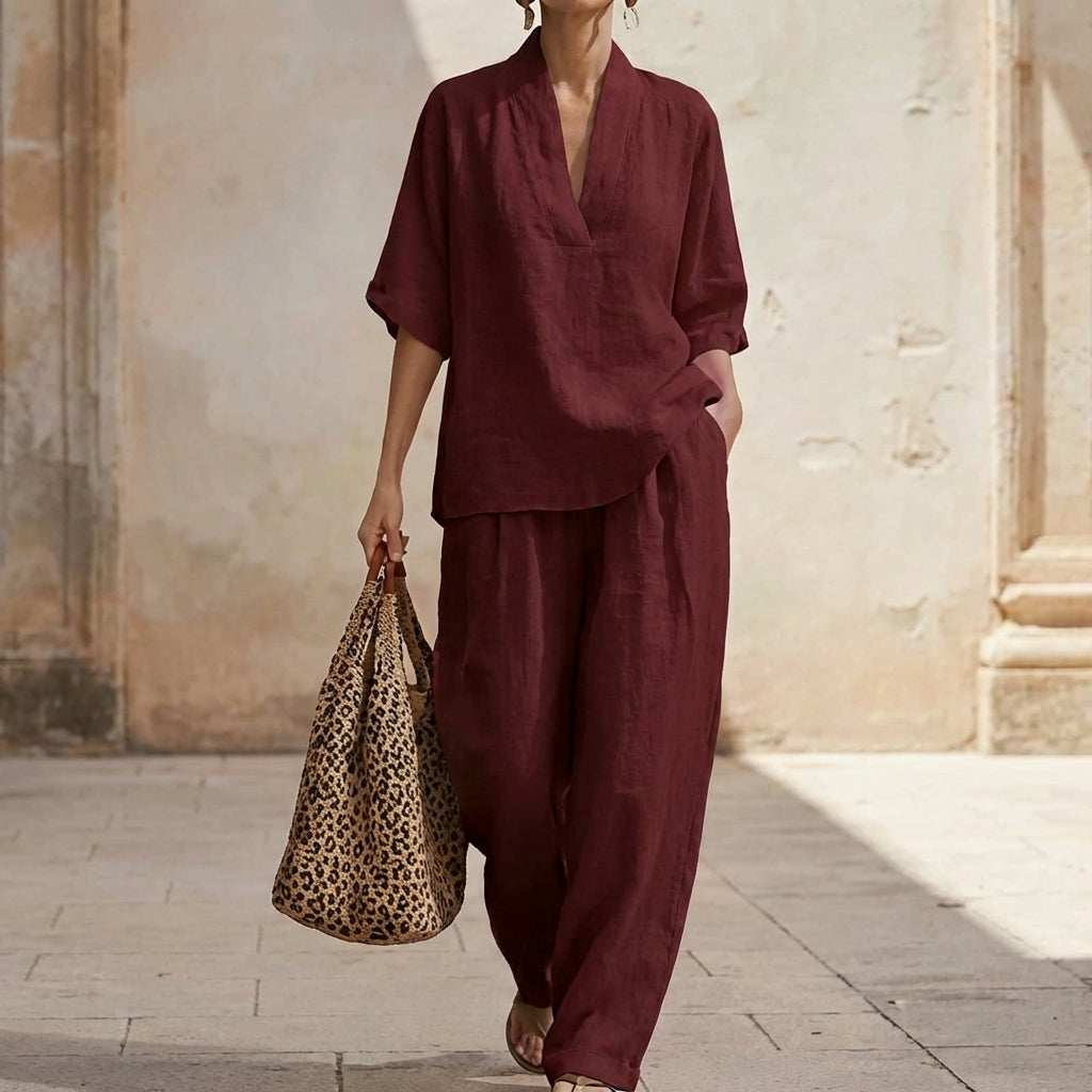 Stylish women's matching set, featuring breathable wide-leg trousers and a top for versatile spring and summer outfits.