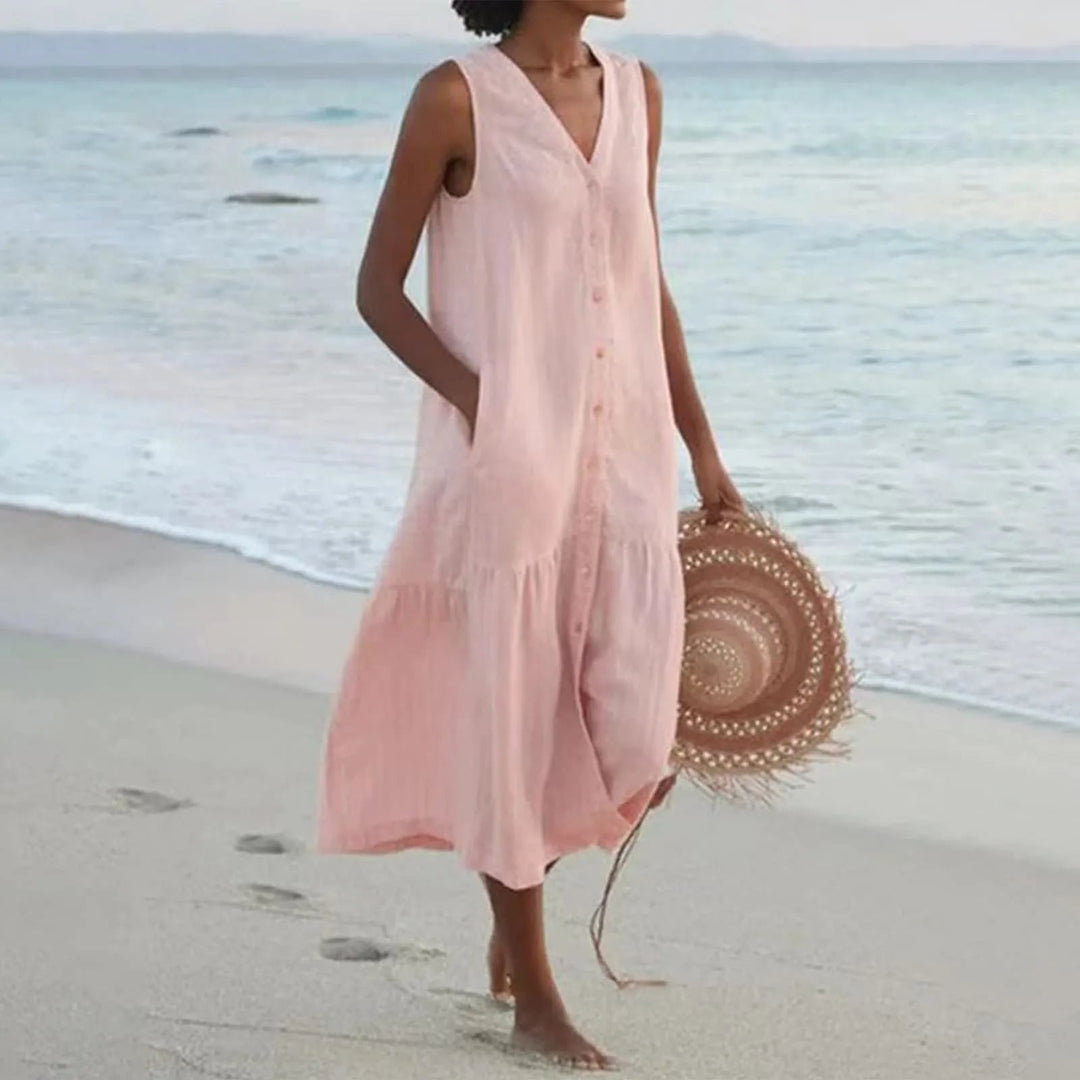 Casual V-neck midi summer dress for women, offering effortless style & comfort. Perfect for vacation & day wear.