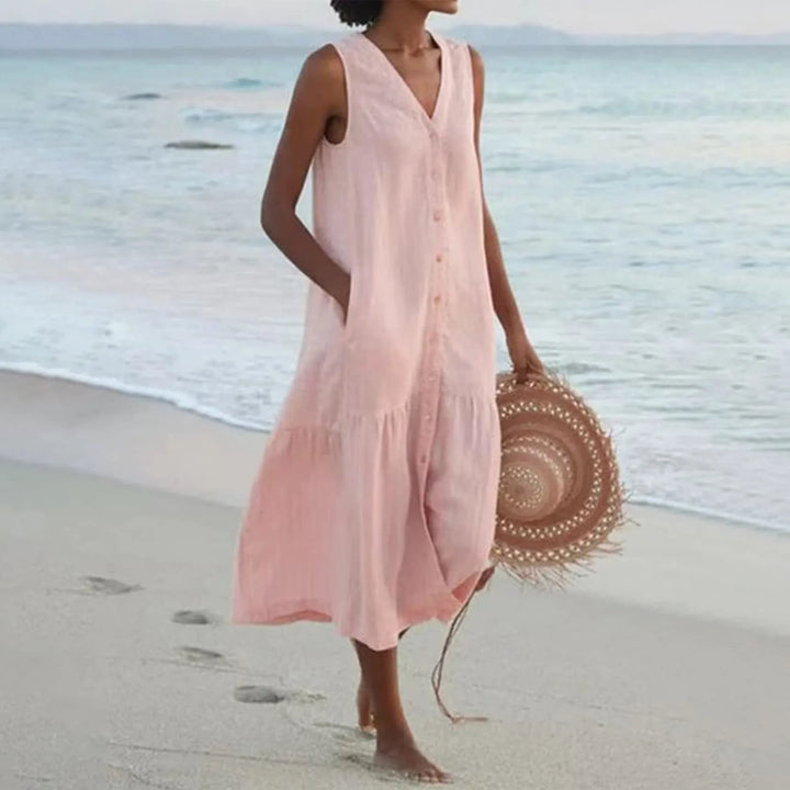Casual V-neck midi summer dress for women, offering effortless style & comfort. Perfect for vacation & day wear.