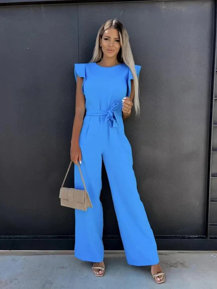 Stylish women's wide leg jumpsuit. Comfortable one-piece with tie waist, perfect for casual or dressy occasions.