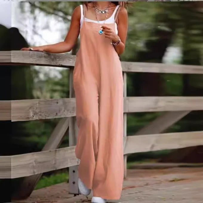Stylish women's wide leg jumpsuit, sleeveless & relaxed fit. Perfect casual summer outfit for travel.
