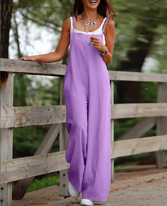 Women's casual wide leg jumpsuit with a sleeveless, relaxed fit. Effortless summer fashion staple.