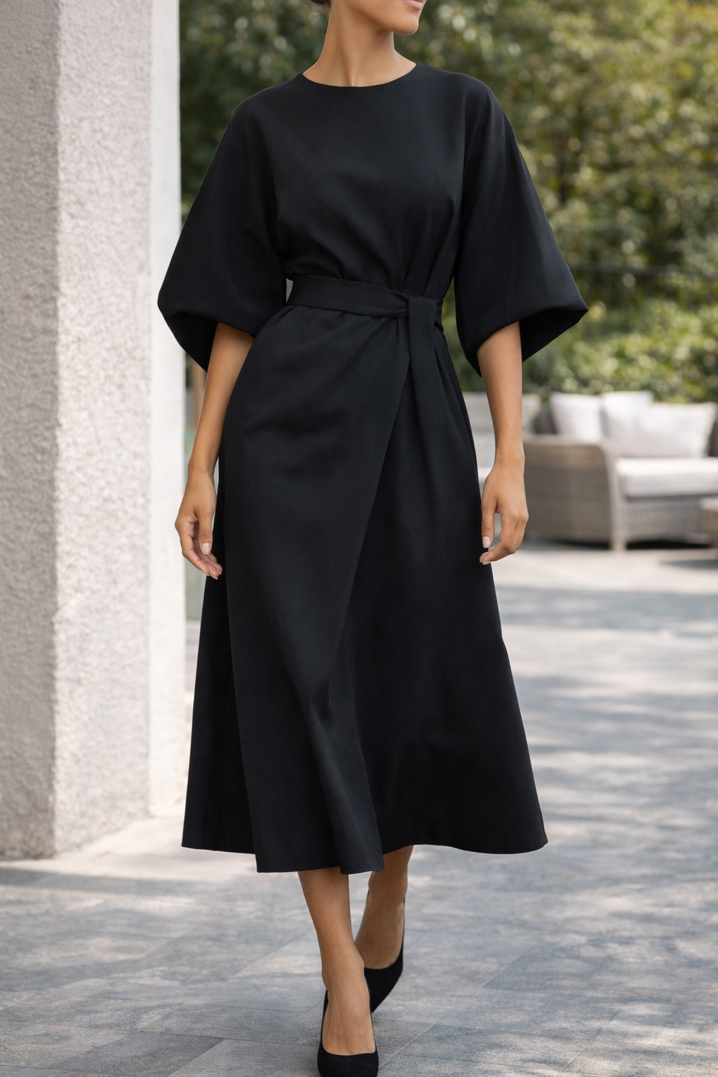 Chic women's occasionwear midi dress, featuring a flattering belt and elegant wide sleeves for a polished look.
