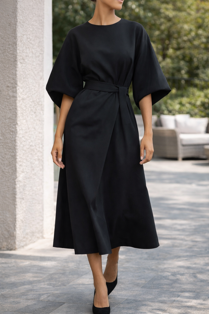Chic women's occasionwear midi dress, featuring a flattering belt and elegant wide sleeves for a polished look.